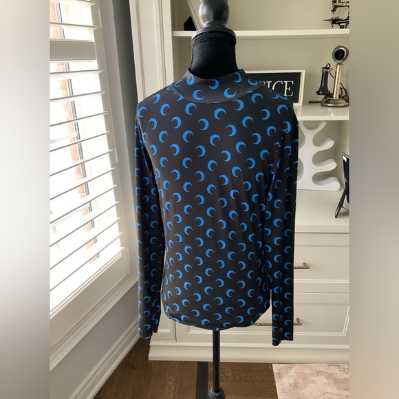 Moon Patterned Print Long Sleeve Cowl Neck Shirt Black Blue Women’s Size Medium - Picture 3 of 9